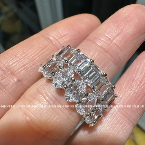 小鸽子蛋祖母绿切割爱心形仿真排满钻戒指女叠戴925银镀18K白金 - 图1