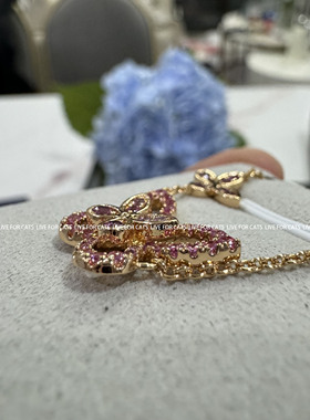 限量粉 蝴蝶幻影项链粉钻叠戴满钻锁骨链仿真粉蓝宝V金镀18K金