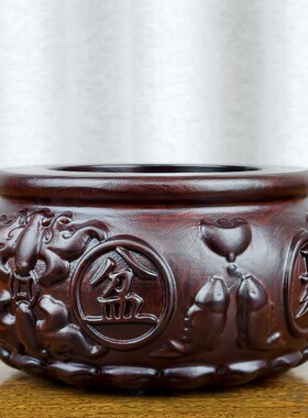 黑檀实木雕刻招财聚宝盆摆件