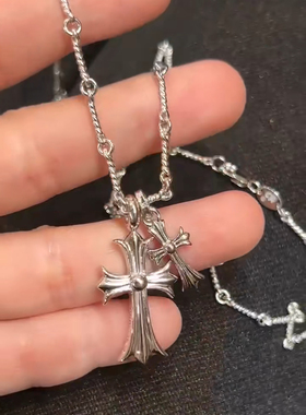 双十字架项链镀18k金银培育钻石50厘米