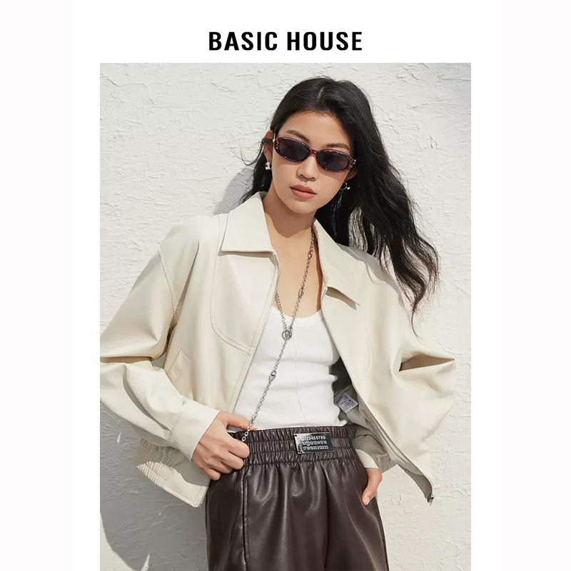 Basic House/百家好翻领帅气皮衣短款女新款春美式复古小个子外套-图1