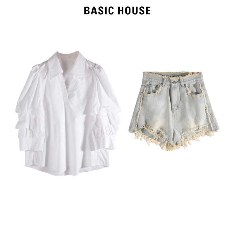 Basic House/百家好套装女上衣牛仔短裤百搭宽松显瘦时尚韩版气质