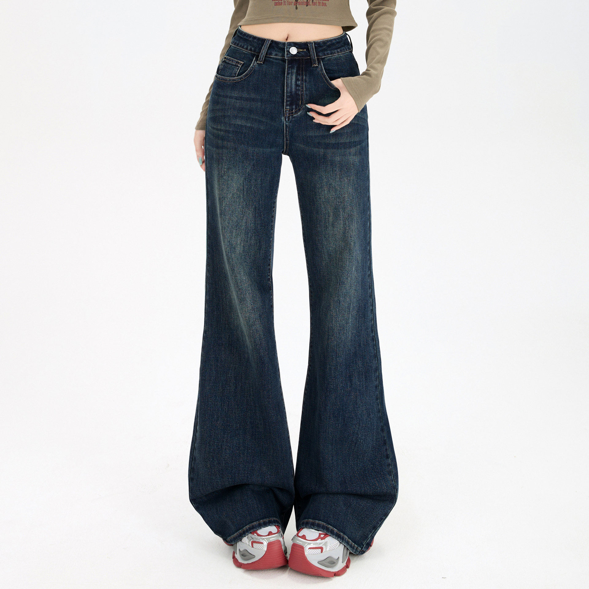 深蓝色不贴腿微喇牛仔裤女春秋梨形小个子高腰弹力显瘦宽松喇叭裤,淘宝优惠券,粉丝福利购,淘宝优惠卷