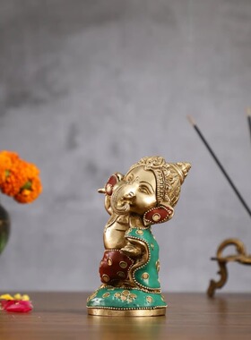 印度国际直邮Ganesha婴儿象头神跳舞黄铜偶像 5 英寸