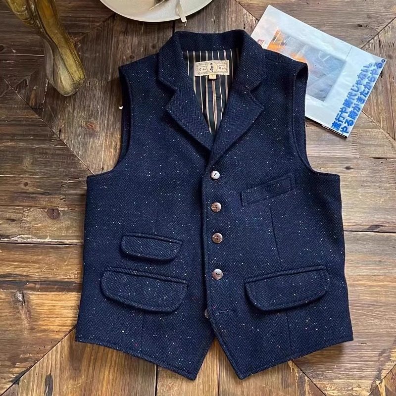 秋冬美式复古彩点粗花呢马甲羊毛修身西装领猎装休闲咔叽男士马夹,淘宝优惠券,粉丝福利购,淘宝优惠卷