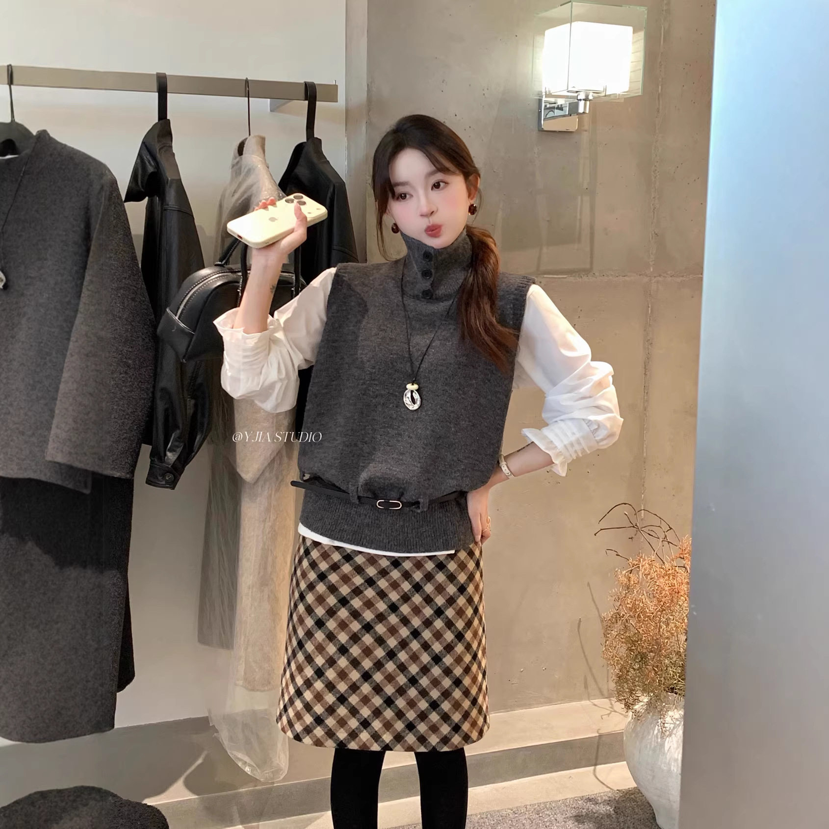 Y.JIA伊嘉早春法式高领针织马甲+叠穿长袖T恤两件套装女,淘宝优惠券,粉丝福利购,淘宝优惠卷