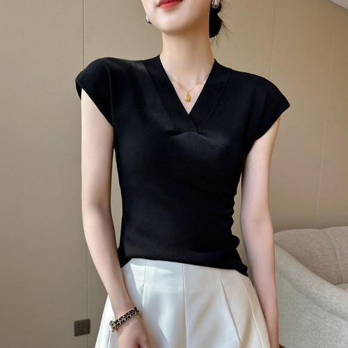V领正肩短袖T恤女春夏新款修身性感收腰衬衫韩版显瘦露腰针织上衣 - 图0