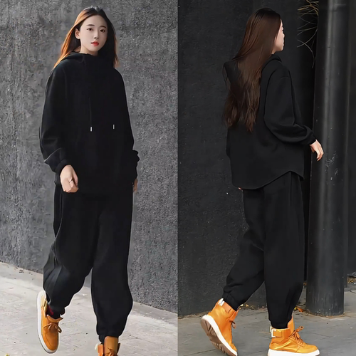 2025秋款新款薄绒连帽运动休闲百搭卫衣卫裤网红同款套装男女同款 - 图2