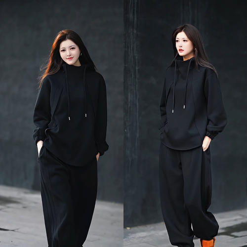 2025秋款新款薄绒连帽运动休闲百搭卫衣卫裤网红同款套装男女同款 - 图1