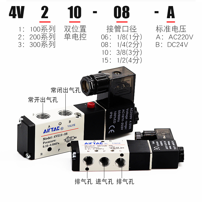 亚德客电磁阀 4V210-08V 4V310-10电磁电阀气动控制阀220V气阀24V - 图0