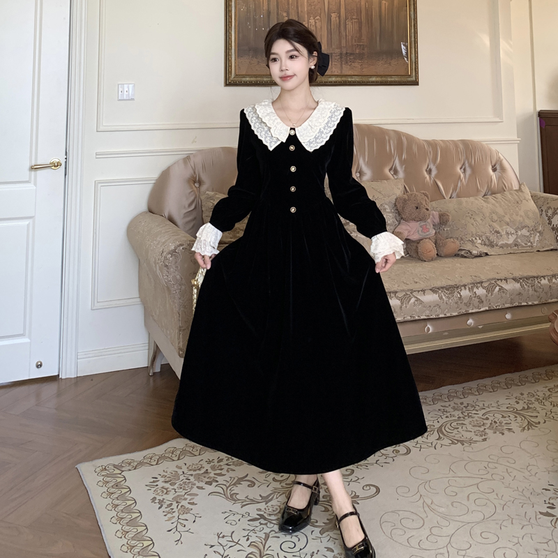 MM谢谢家胖妹妹妹系富家千金风黑色丝绒蕾丝花边领显瘦长连衣裙女 - 图1