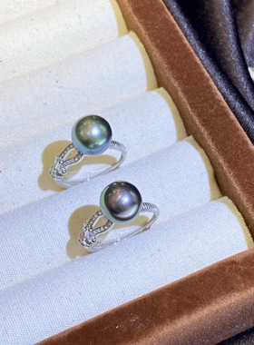 通体s925银 海水珍珠戒指  9-10mm海水大溪地黑珍珠