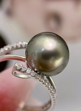 通体s925银 多圈海水珍珠戒指  9-10mm海水大溪地黑珍珠