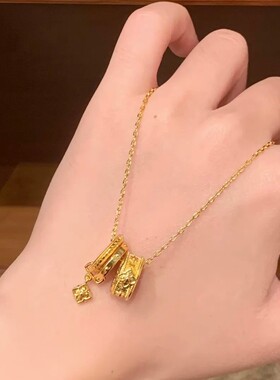 复古新中式国潮风古法锁骨链点钻跑环素色路路通宝相花双环项链