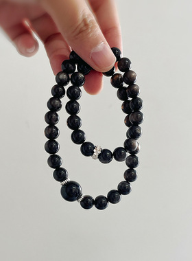 【黑森林】人造银曜石水晶手串情侣简约双圈手链活眼银曜手串新款