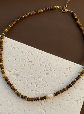 美拉德复古虎眼石串珠锁骨链女