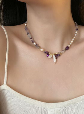 紫晶冰莹淡水巴洛克珍珠项链