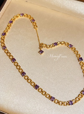 HONEY FOCUS紫色星云项链金色轻奢百搭复古项链 925银合成锆石