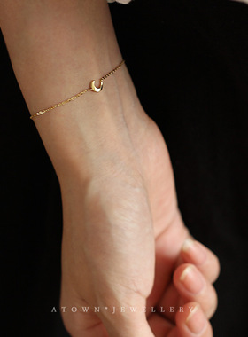 月牙湾 925纯银镀14K黄金手链 闪亮小月牙月亮百搭细手链女友礼物