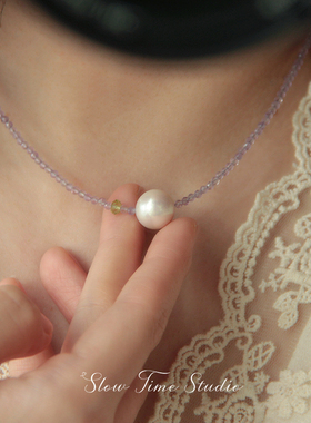 天然紫水晶珍珠项链天然淡水珍珠近正圆微瑕强光紫水晶刻面轻奢