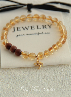 天然黄水晶黄塔晶老山檀手链暴力黄体冰透招财转运S925纯银镀金