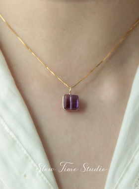 天然紫水晶方块项链绕线包边女款显白优雅轻奢百搭原创设计