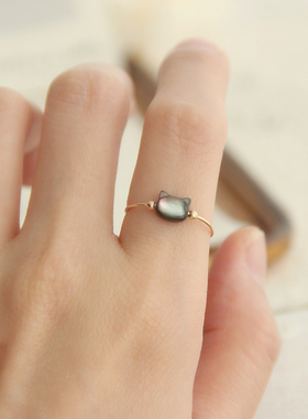 天然黑贝母猫耳朵小猫咪戒指进口14k包金戒指指环原创设计超强保