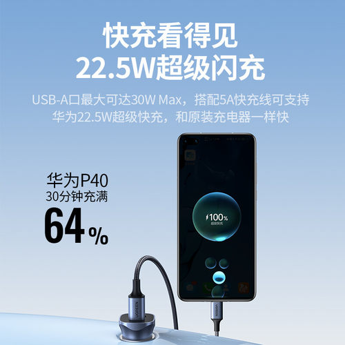 绿联车载充电器双口PD快充30w汽车通用usb车充插头点烟器转换充电头22.5W超级快充适用苹果华为荣耀小米手机 - 图0