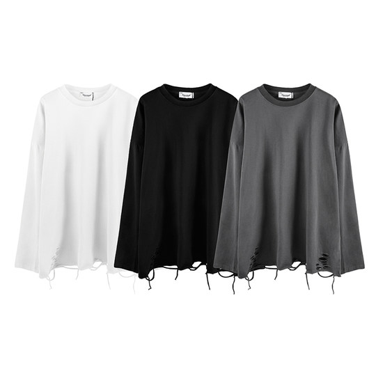 长袖T恤打底衫下摆破洞白色男美式高街内搭潮纯棉破坏上衣服叠穿