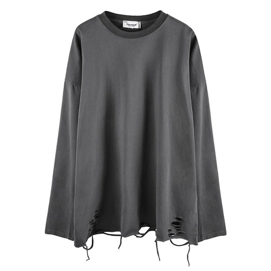 长袖T恤打底衫下摆破洞白色男美式高街内搭潮纯棉破坏上衣服叠穿