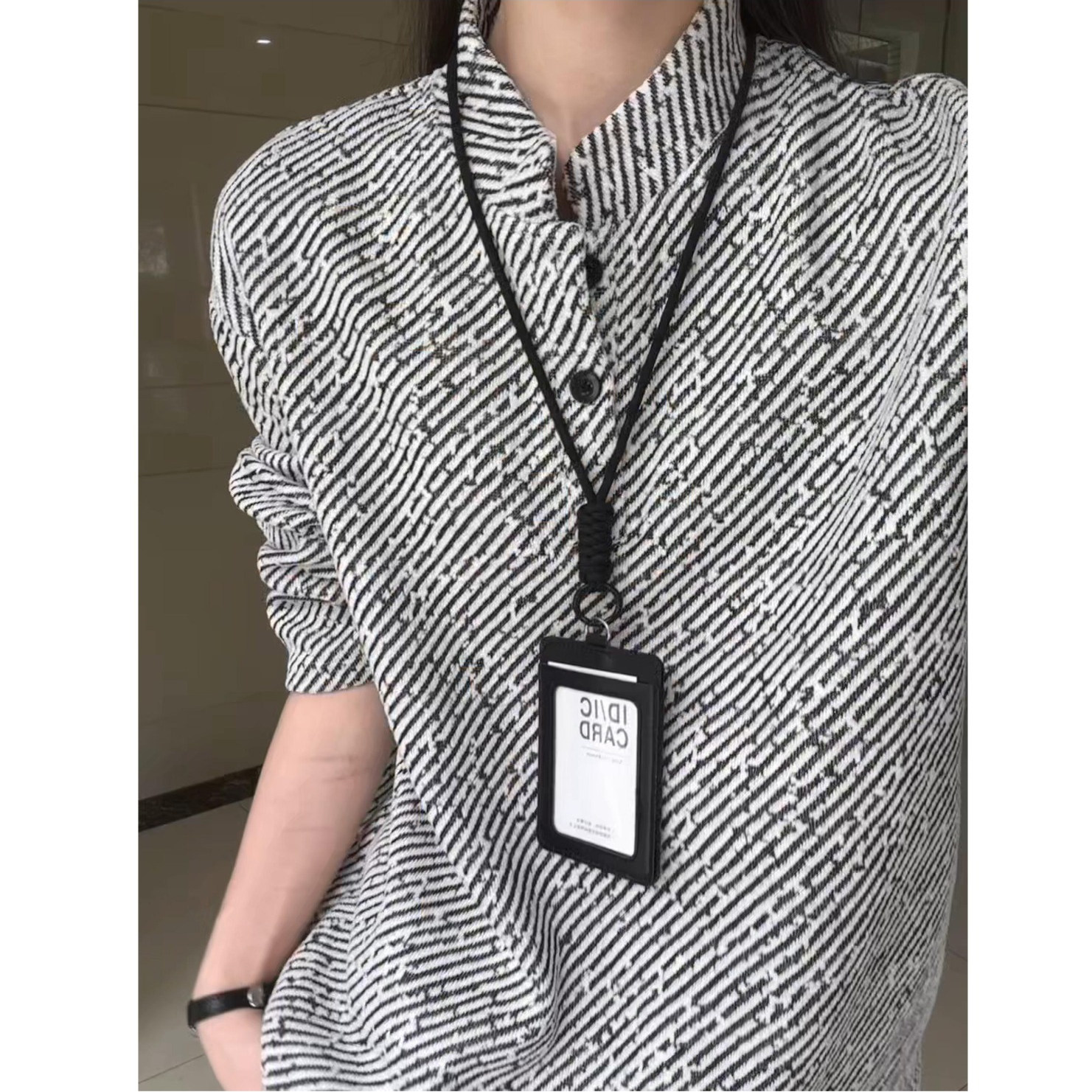 黑白斜条纹亨利领加绒长袖t恤男秋冬小香风polo领卫衣内搭打底衫 - 图0