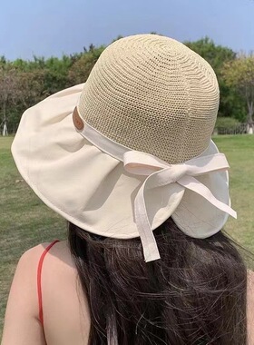 新款夏季百搭户外遮阳帽大帽檐渔夫帽便携防晒太阳帽蝴蝶结女士