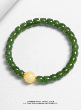 天然无优化俄罗斯七号矿碧玉菠菜绿直切手串搭配奶白蜜蜡圆珠手链