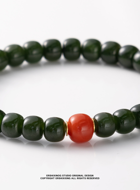 收藏级•天然无优化加拿大北极碧玉菠菜绿精工归圆老型搭配手串