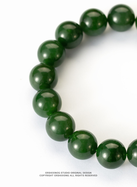 馆藏级俄料老坑七号矿菠菜绿和田玉碧玉12圆珠手串