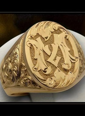 跨境热销饰品金色字母M雕花印章男戒欧美风图章男士指环