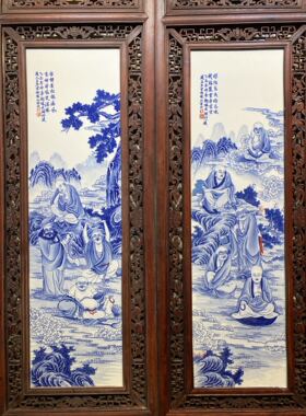 精品古玩收藏仿古红木镶青釉瓷板画山水人物十八罗汉中堂挂屏一套
