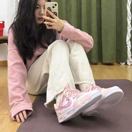球鞋定制 Nike Court Vision 桃花影落 白粉低帮男女板鞋 - 图0
