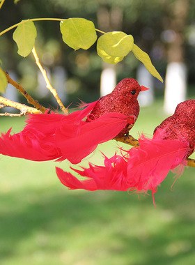 仿真小鸟摆件圣诞鸟金粉小鸟挂件