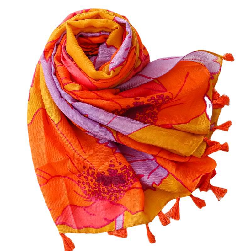 Soft cotton and linen feel scarf, retro orange floral scarf - 图2