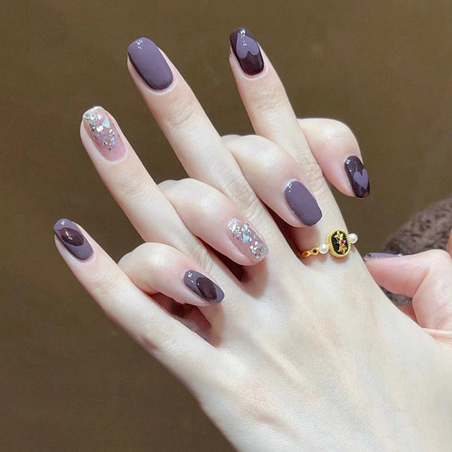 穿戴甲假指甲贴片黑紫跳色涂鸦贝壳手工定制气质显白秋冬少女辣妹 - 图0