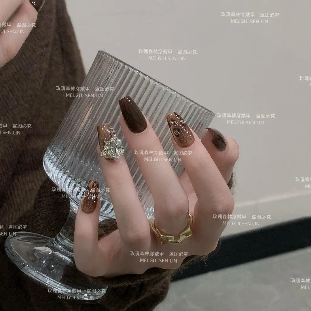 香橙美式玫瑰森林棕色豹纹气质款秋冬手工定制气质穿戴甲流行碎钻,淘宝优惠券,粉丝福利购,淘宝优惠卷