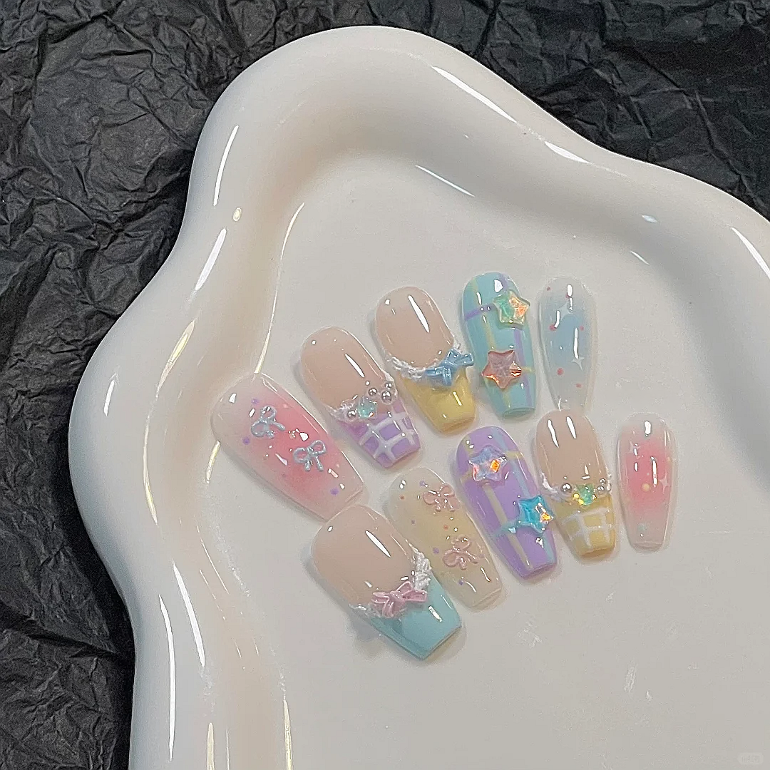 穿戴甲显白2024新款可爱夏日星星马卡龙手工定制美甲成品指甲贴片,淘宝优惠券,粉丝福利购,淘宝优惠卷