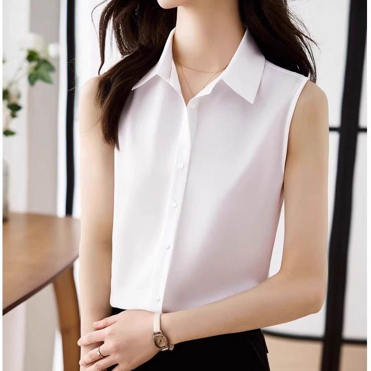 白衬衫女无袖上衣翻领内搭高级感女雪纺衬衣女春夏季西装打底背心 - 图1