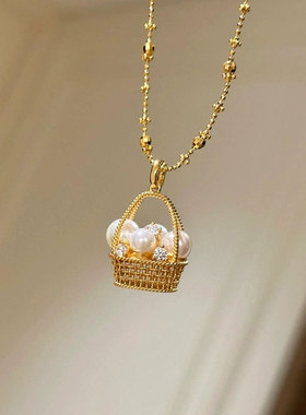 设计感珍珠锆石编织花篮吊坠项链女复古轻奢优雅百搭颈链锁骨链