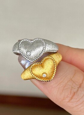 中古风拉丝爱心金属戒指女轻奢甜美精致个性时尚优雅百搭指环戒子