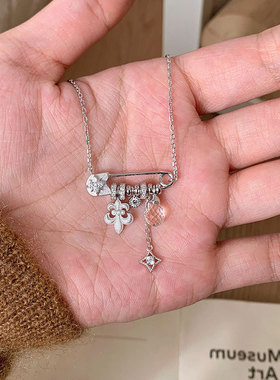 高级感拉丝鸢尾花别针吊坠项链女甜酷个性时尚潮流气质颈链锁骨链