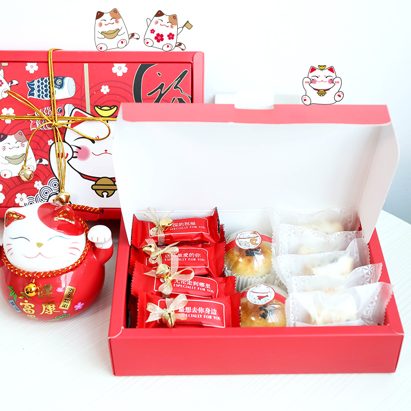红色招财猫雪花酥包装盒糯米船曲奇饼干牛轧糖蛋黄酥盒子新年礼盒-图0