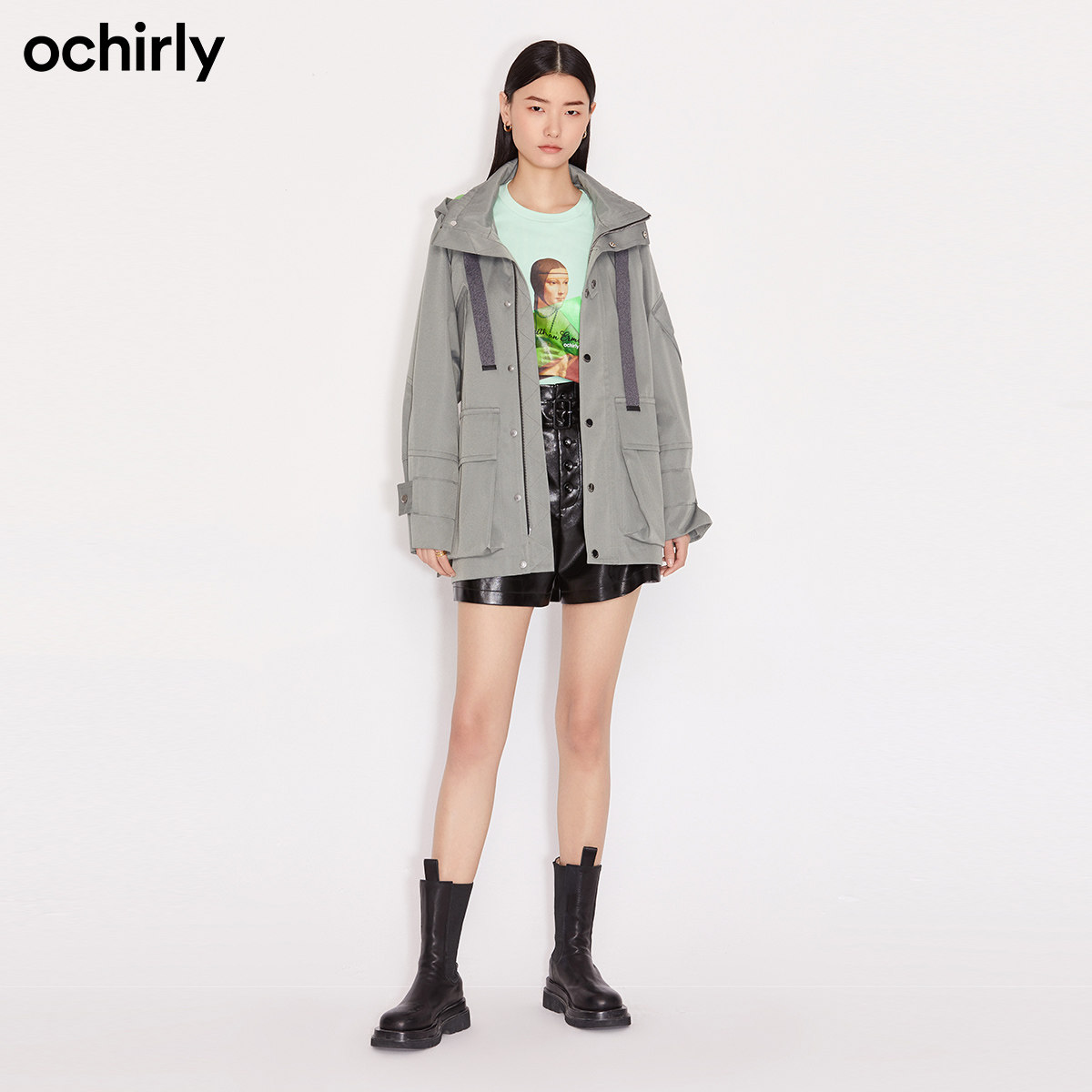 2件9折欧时力新款春装立领宽松风衣 ochirly短外套