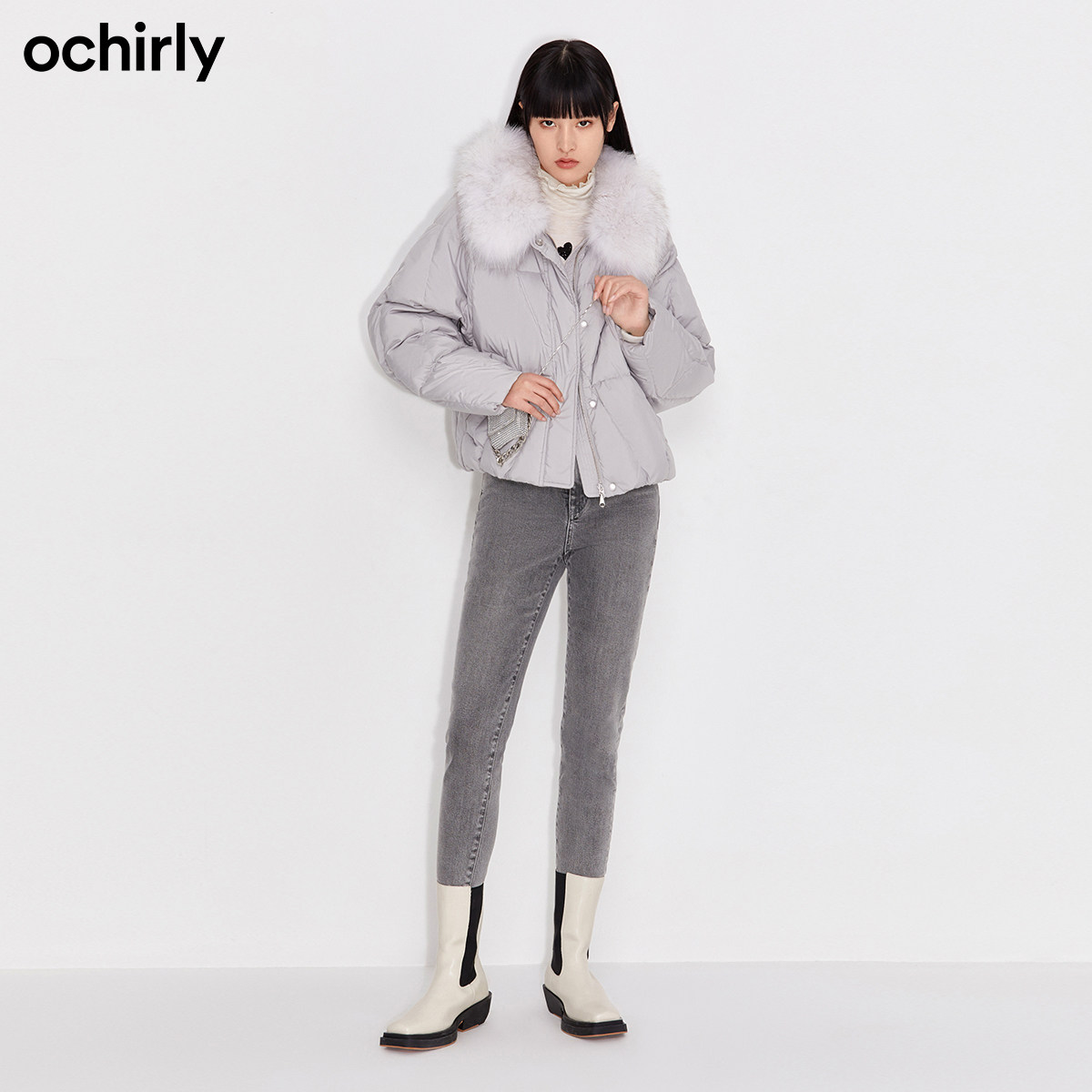 2件9折欧时力2021新款狐狸毛领抽绳 ochirly羽绒服